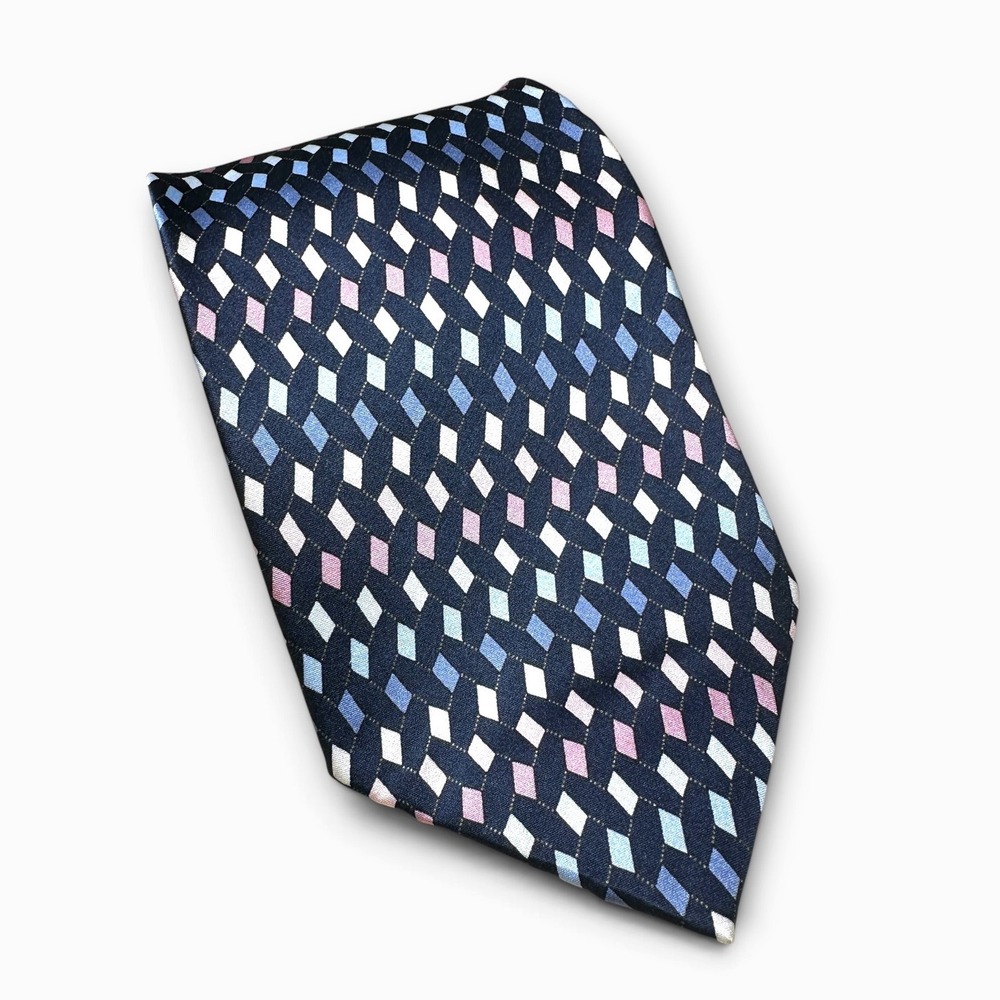 Kilburne and Finch Mens Silk Necktie Navy Blue Pink Geometric Pattern Tie